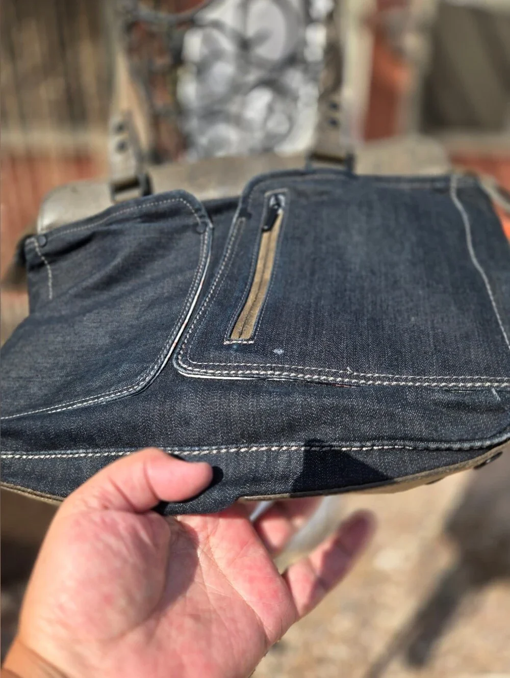 Men's Dark Blue Canvas Messenger Tote with Recycled Leather From Italy